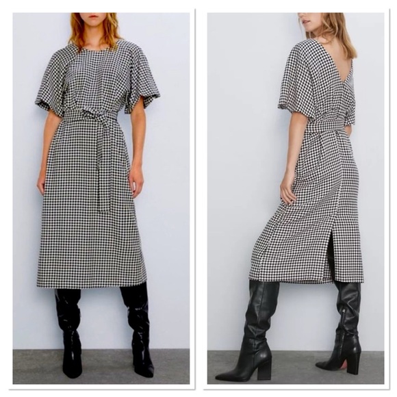 Zara Dresses & Skirts - Zara Houndstooth Dress with Puff Sleeves Sz M 100% Cotton Black & White